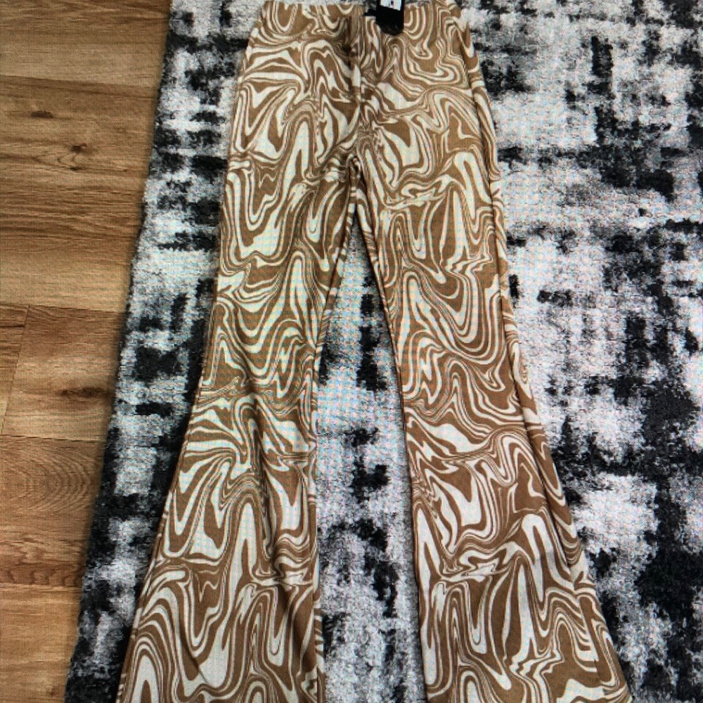Brown and White Swirl Pattern Flared Pants